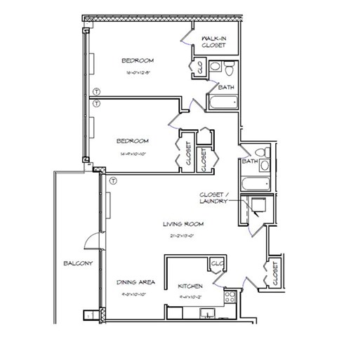 Floor plan for 2 beds, 2 baths, 1212 sqft